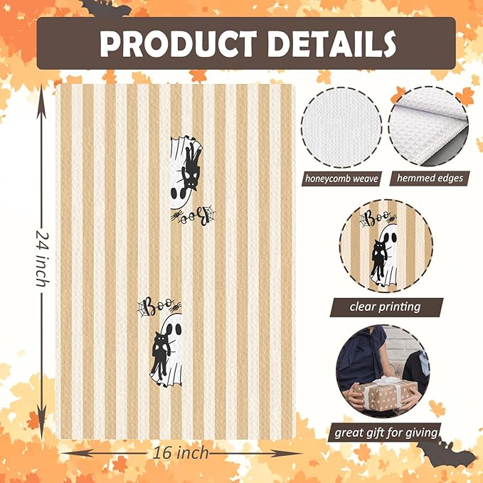 Halloween Black Cat Kitchen Towels, Cat Lover Mom Lady Gifts Dish Tea Towels for Kitchen Decor, Orange Striped Halloween Ghost Decorative Hand Towel for Bathroom, 16x24 Inches