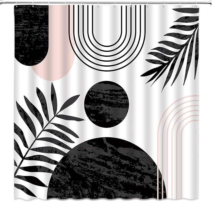 Mid Century Modern Shower Curtain Boho Black Abstract Retro Aesthetic Fabric for Bathroom Decor Bathtub with Hooks (70" WX84 H)