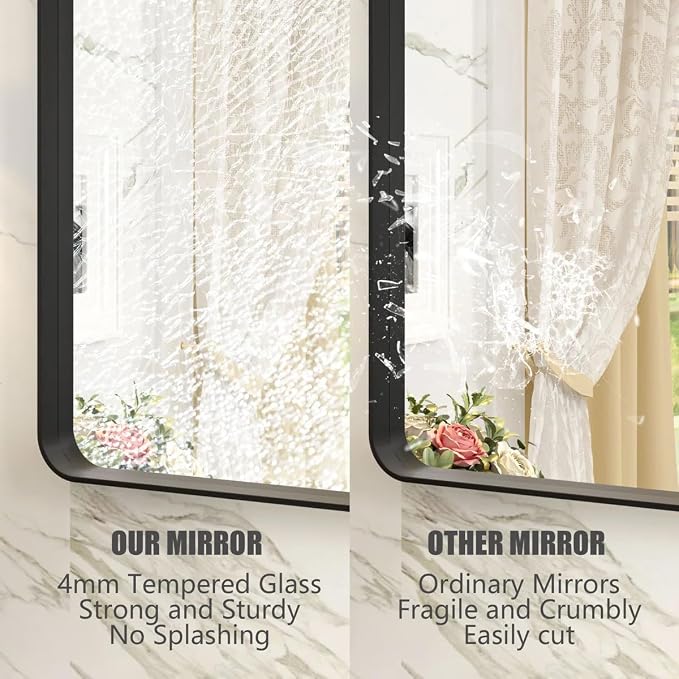 24x28 Inch Black Metal Framed Bathrrom Mirror for Wall, Matte Black Rectabgle Mirror, Shatterproof, Anti-Rust, Horizontally or Vertically Mounted
