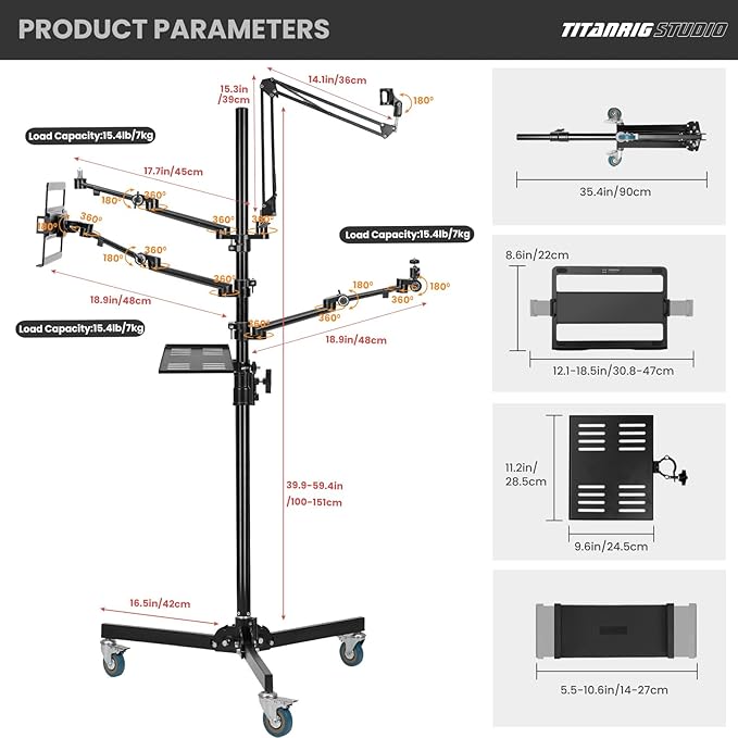 TARION Live Streaming Stand with Wheels - 61"/155cm 5-in-1 Stream Stand Equipment Kit: 1 Mic Boom + 3 Articulated Arms + 1 Projector Holder, Adjustable Heavy-duty Floor Live Tree Stand Setup TitanRig