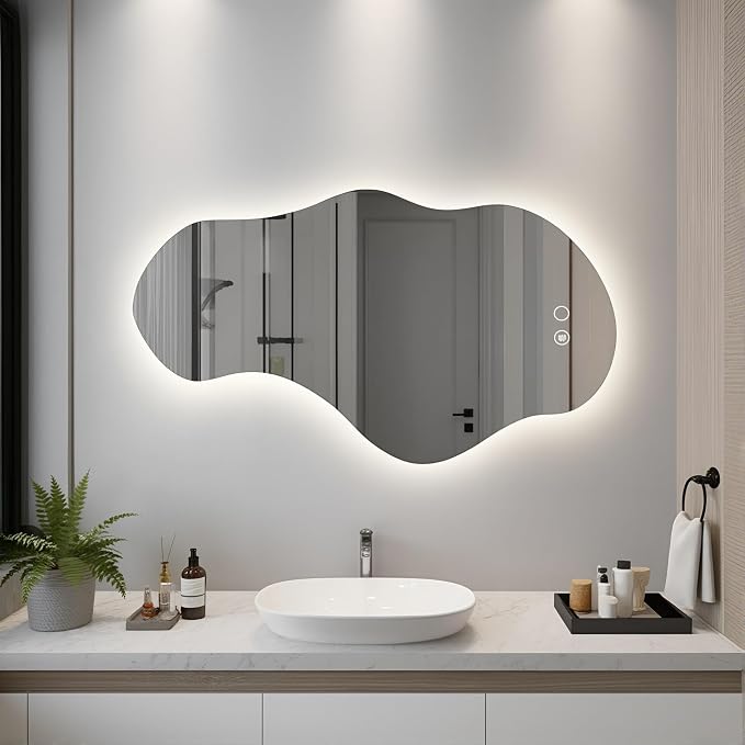 Modern Irregular LED Bathroom Mirror with Lights, Asymmetrical Frameless Smart Lighted Wall Mirror for Living Room Entryway, Large Decorative Makeup Vanity Mirror with Touch Switch(20.5″x35.8″)