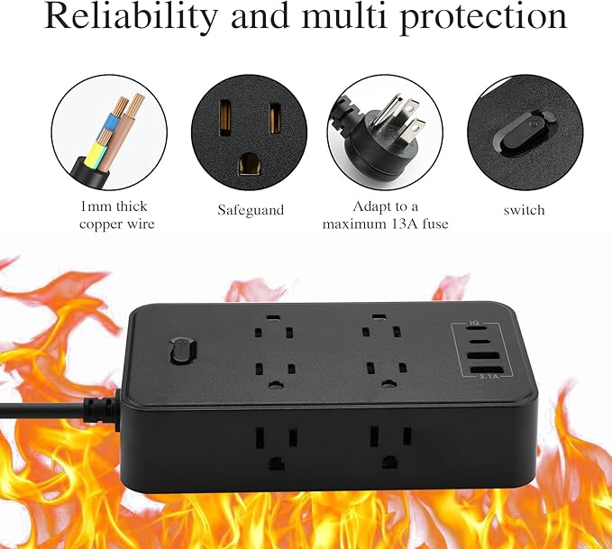 10FT Power Strip Extension Cord Surge Protector with 8 Outlets and 2 USB & 2 USB-C Port(5V 3.1A),Bold Extension Cord with Fuse Surge Protected Power Strip for Home Office (Black)