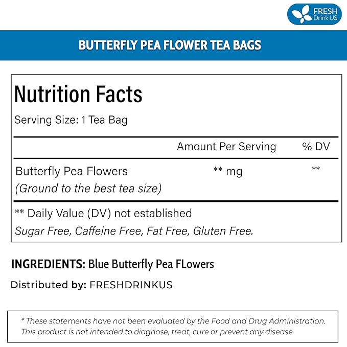 FreshDrinkUS, Premium 35 Butterfly Pea Tea Bags, 100% Natural and Pure from Butterfly Pea Flowers, Hand-made, Made With Natural Materials-Corn Fiber Tea Bag, Sugar/Caffeine/Gluten Free, Vegan