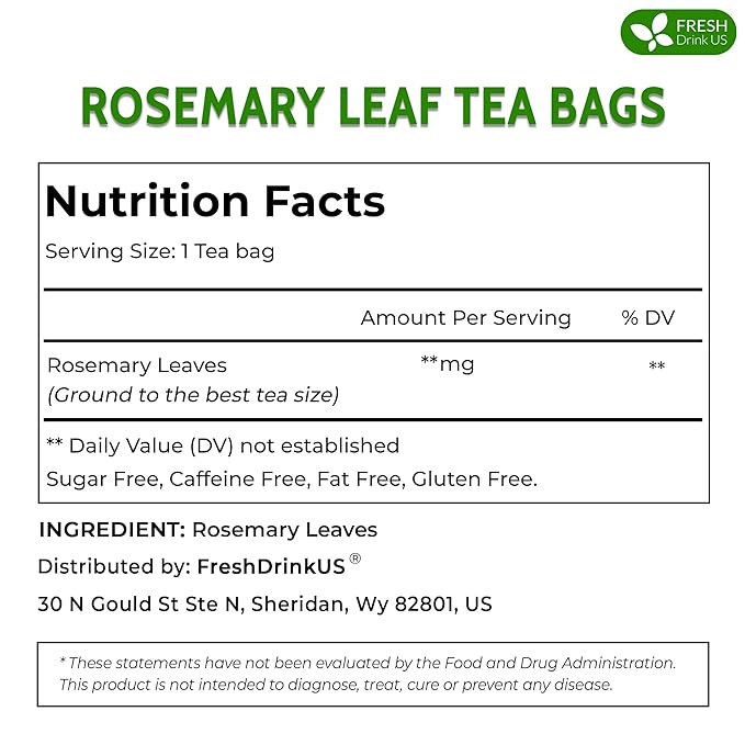 FreshDrinkUS, Premium 100 Rosemary Leaf Tea Bags, Made with 100% Natural Rosemary Dried Leaves, Pure Herbal Tea, No Additives, No Caffeine, No Gluten, Vegan.