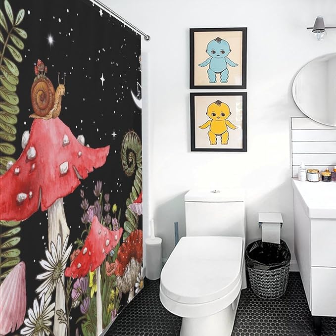 Mushroom Shower Curtain, Wild Floral Botanical Mushroom Moon Gothic Cottagecore Nature Plants Herbs Black Vintage Rustic Waterproof Fabric Bathroom Shower Curtain Set with Hooks, 72"x78" Inch