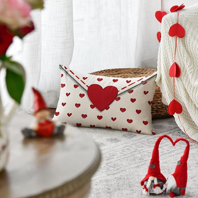 AVOIN colorlife Valentine's Day Envelope Throw Pillow Cover, 12 x 20 Inch Red Heart White Anniversary Wedding Cushion Case Decoration for Sofa Couch