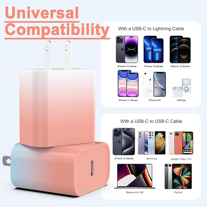 2Pack USB C Charger Block 20W, iGENJUN USB-C Power Adapter - Phone Charger with Fast Charging Capability, Type C Wall Charger for Phone 16/16 Plus/16 Pro Max/15 Series, Galaxy, Pixel, Pad - Colorful
