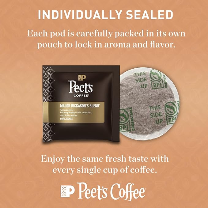 Peet’s Major Dickason’s Coffee Pods – 32 Count (2 Packs of 16) – Dark Roast with Bold, Rich Flavor and Smooth Finish – Compatible with Pelecom Coffee Machines – Peet’s Coffee Pods & Capsules
