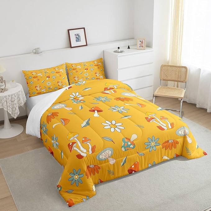 Castle Fairy Retro Hippie Mushroom Twin Size Comforter Set,Groovy Flowers Floral Duvet Set with 1 Pillowcase for Kids BoysYellow Boho Soft Microfiber Bedding Comforters