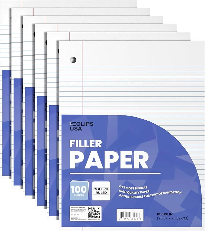 Loose Leaf Paper College Ruled Notebook Paper College Ruled Lined Writing Filler Paper 10.5” x 8” 600 Sheets 100 Sheets Per Pack 60 gsm (6 Pack)