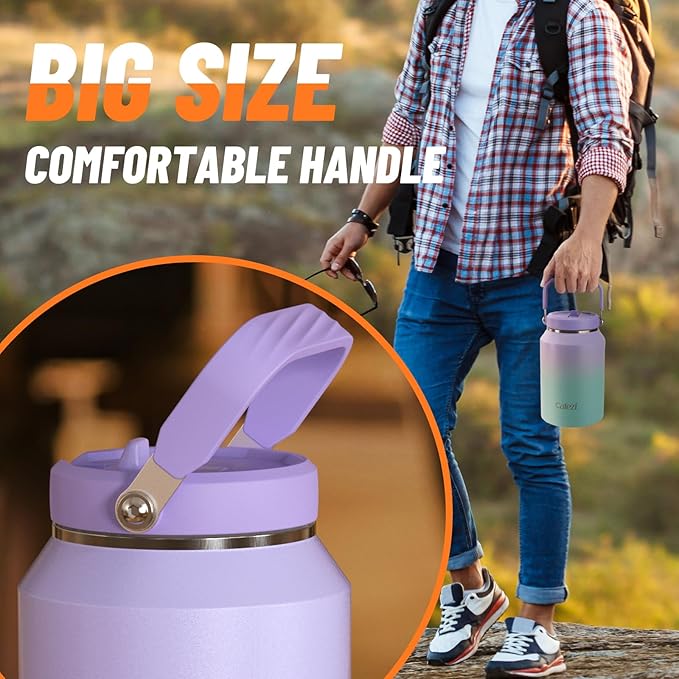 64 oz Insulated Water Bottle with Flip Straw, Vacuum Insulated Stainless Steel Jug with Top Handle, Leak-Proof Lid, Sweat-Free, Wide Mouth, Keeps Ice Cold up to 34 Hours