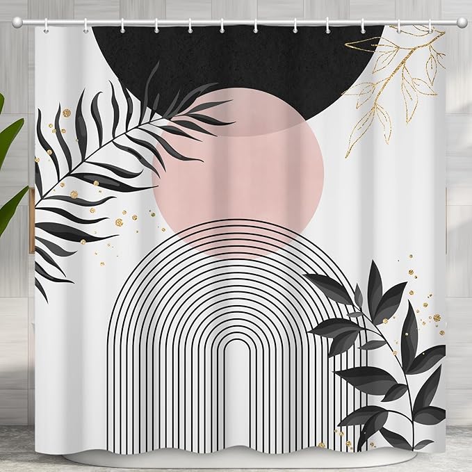 Boho Mid Century Shower Curtain, Black Pink Modern Minimalist Abstract Geometric Gold Plant Leaves Sun Arch Bathroom Curtains Waterproof Fabric Buthtub Curtain Set with Hooks 66" Wx72 L