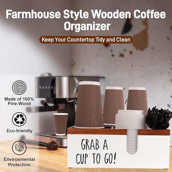 Intarsio 100% Wooden Coffee Cups Holder with U-Shape Cutout Design for Countertop-Coffee Bar Organizer for Cups, Lids, Pods, Stirrers, and Accessories, Great Gift for Home or Office (White)