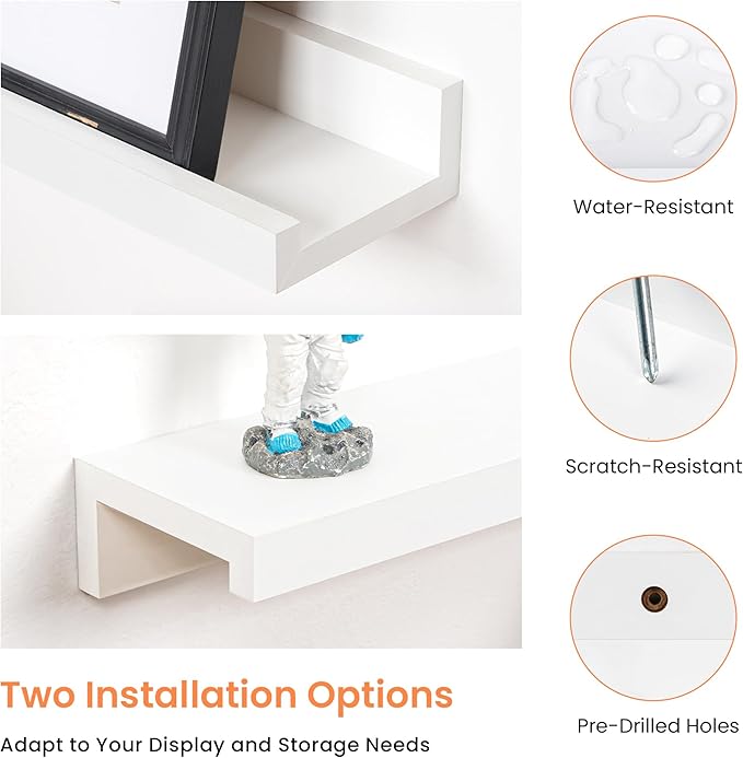 RICHFOCUS Picture Ledge Shelf, 30 inch Floating Shelves Set of 2, Wood Wall Shelves with Lip, Wall Decor Storage for Bedroom Living Room Bathroom Kitchen Nursery Photo Picture, White