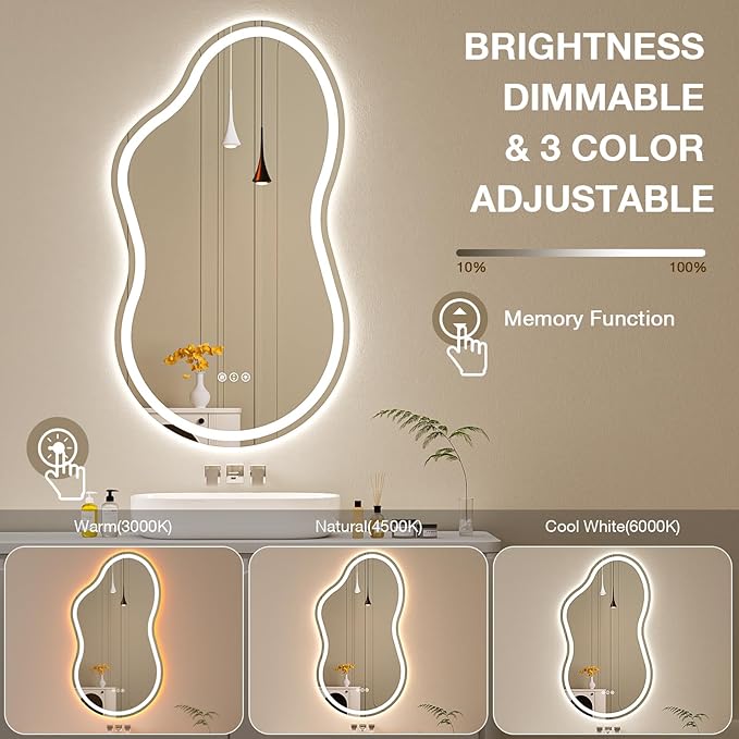 Cloud Shape Asymmetrical LED Vanity Mirror with Lights, 60"x32" Fogless Lighted Bathroom Mirror, 4mm Tempered Glass, Dimmable 3-Color & Memory Function, Wall Mounted (Horizontal/Vertical)