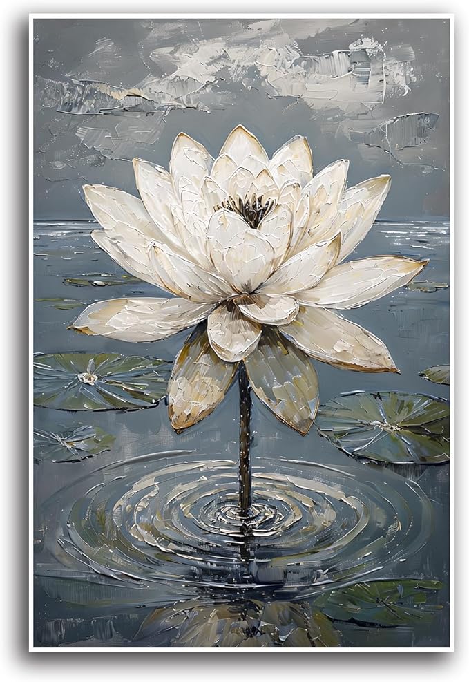 Stunning white lotus emerges from prismatic water with delicate petals background Serene aquatic wall art suitable for modern minimalist decor 8x12in Frameless