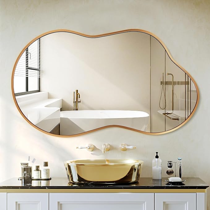 Dorlicecass Bathroom Mirror - Gold Irregular Wall Mirrors Decorative 26"x46" Asymmetrical Tempered Glass Aviation Aluminum Alloy Frame for Vanity, Bedroom, Living Room, Cloakroom, Entryway