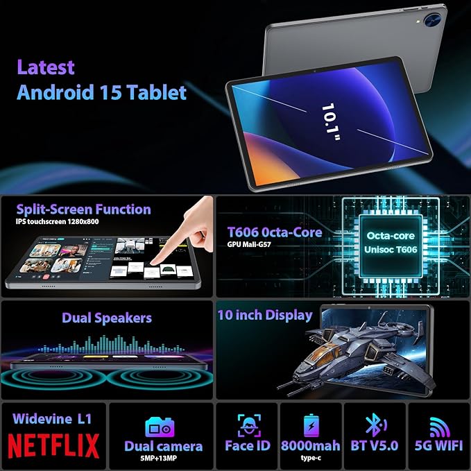2026 Android 15 Tablet with Keyboard, 26GB RAM, 256GB ROM(2TB Expand), 10 inch tablet with Octa-core, Gemini AI, 8000mAh, 2.4G/5G WiFi, BT 5.0, 5MP+13MP, Tablets with Case, Mouse, Stylus (Black Case)