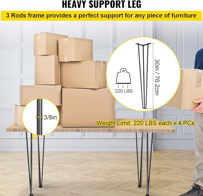 VEVOR Hairpin Table Legs 30" Black Set of 4 Desk Legs 880lbs Total Load Capacity Hairpin Desk Legs 3 Rods for Bench Desk Dining End Table Chairs Carbon Steel DIY Heavy Duty Furniture Legs