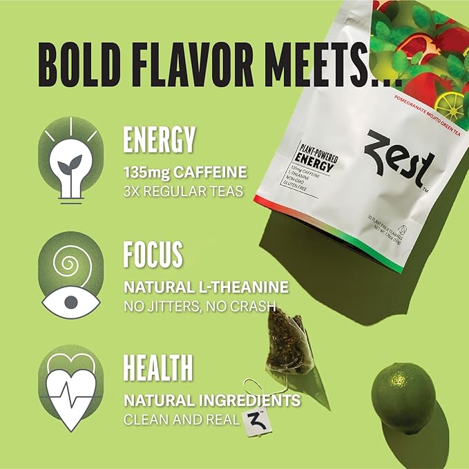 Zest Energy Green Tea – Pomegranate Mojito High Caffeine Tea Bags for Focus & Morning Energy – Natural Caffeinated Tea with 135mg Caffeine – Coffee Substitute – 20Ct Pack, Non-GMO & Keto Friendly