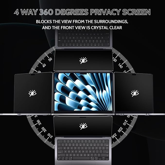Peslv 360° 4 Way Privacy Screen for Macbook Air 13.6 &13 Inch (2022-2025, M2, M3, M4), Anti Glare Blue Light Spy Filter Private Cover, Bubble-Free Black Security Protector for Mac Laptop