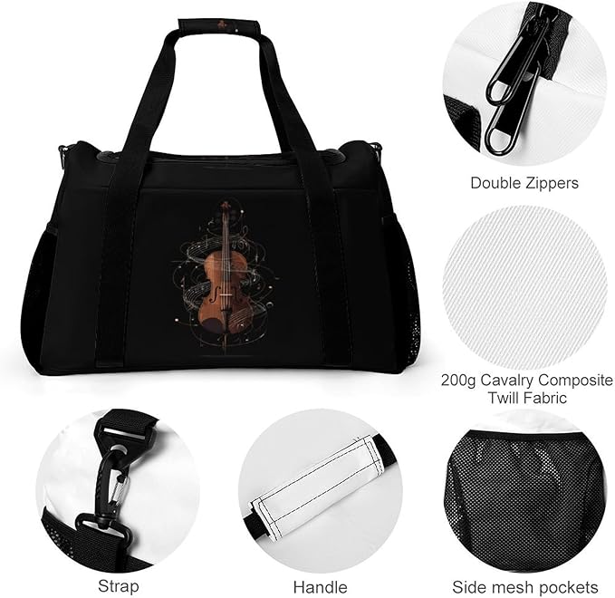 Violin Music Notes Duffle Bag Gym Bag for Workout Travel Tote with Detachable Straps
