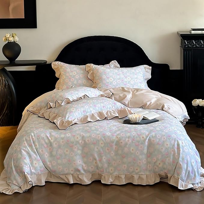 HighBuy Pink White Floral Duvet Cover Twin XL Ruffle Lace Design,Premium Brushed Cotton Durable with Beige Lace Edge Coquette Rose Floral Comforter Cover Set for College,Farmhouse Bedding Set