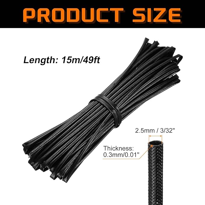MECCANIXITY 49ft Braided Cable Sleeve, 3/32" ID 200C High Temperature 1500V Fiberglass Wire Insulation Cord Protector Organizer Wires Management for Motor Engine Fuel Line, Black