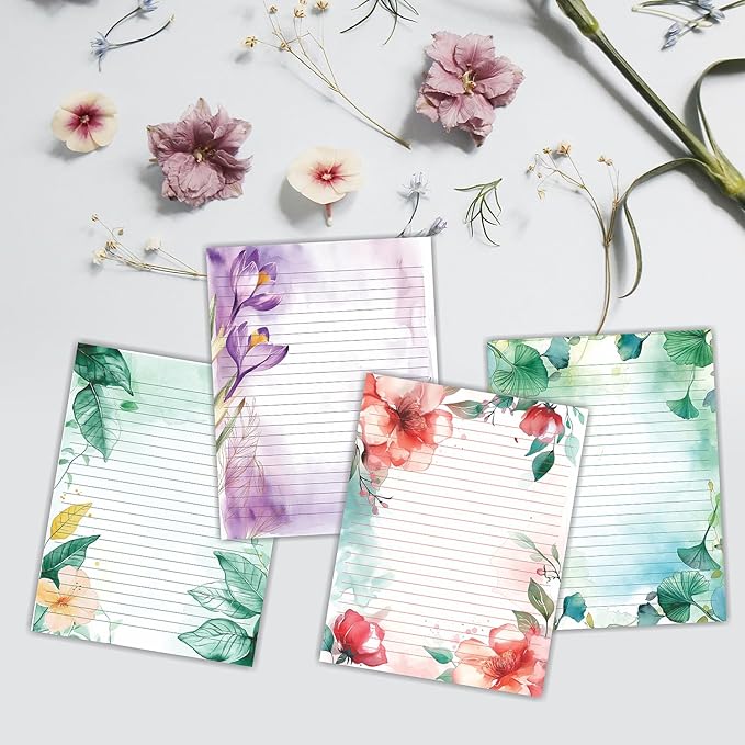 PARTH IMPEX 56 Sheets Watercolor Floral Lined Writing Paper 8.5x11 - Letter Size Ruled Stationery Letterhead Printer Paper - 120gsm Thick Decorative scrapbooking Colored Antique Aged Flowers Design