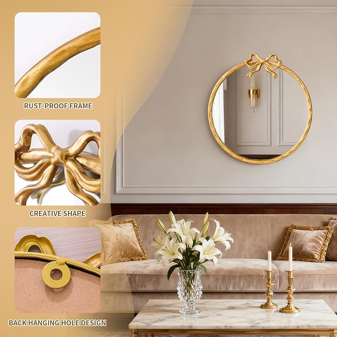 32 Inch Vintage Gold Round Wall Mirror, Antique Ornate Metal Circle Mirror with Baroque Bow Decor for Bathroom Vanity, Bedroom, Living Room, Hallway (Gold, 32" Lx32 W)