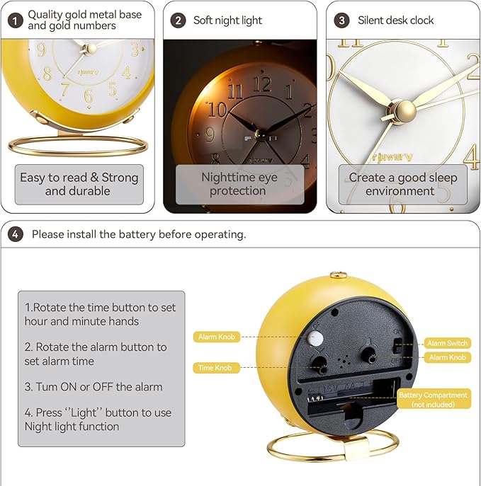 rjuwurv Metal Desk Alarm Clock, Retro Bedroom Table Vintage Analog Silent Non-Ticking Gold Alarm Clock, Bedside Decor(Mango Yellow)