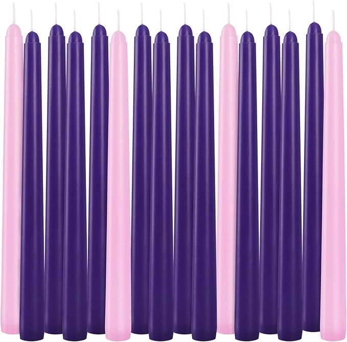 16pcs 10-inch Advent Taper Candles Unscented and Dripless for Christmas, Advent, Holidays, Church, Devotional, Celebration, Party (Purple, Pink)