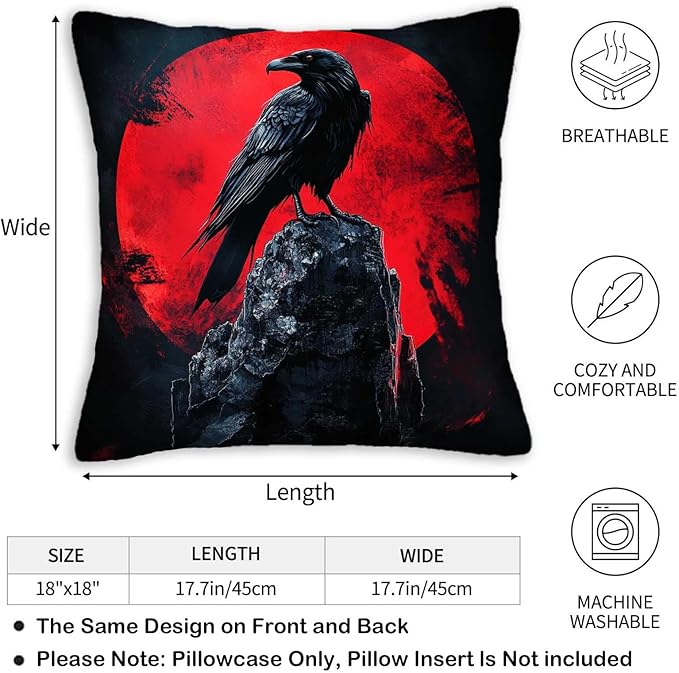 Raven Throw Pillow Covers Set of 2 | 18x18 Inches Cushion Cases for Couch, Sofa, Bedroom and Living Room | Gothic Pillowcases for Home Decoration