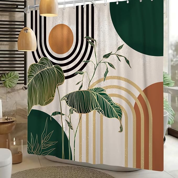 Boho Green Geometric Shower Curtain Bohemian Abstract Mid Century Tropical Bathroom Curtain Minimalist Modern Palm Leaf Shower Curtain Sets for Bathroom Extra Long 72x84 in with 12 Hooks