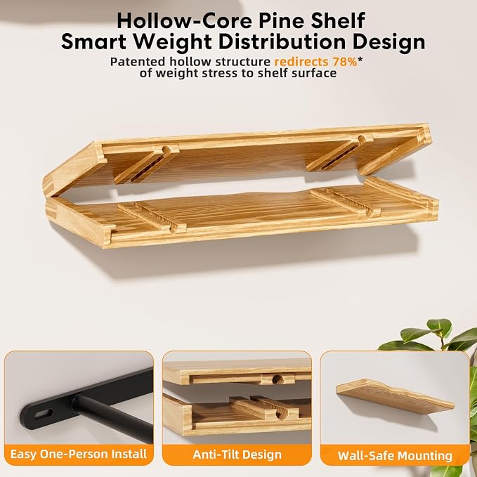Solid Wood Live Edge Floating Shelves Set of 1 – 48" Rustic Wall Shelf with Hidden Bracket System, Wall Mounted Shelves for Bathroom, Kitchen, Living Room, Bedroom (Walnut)