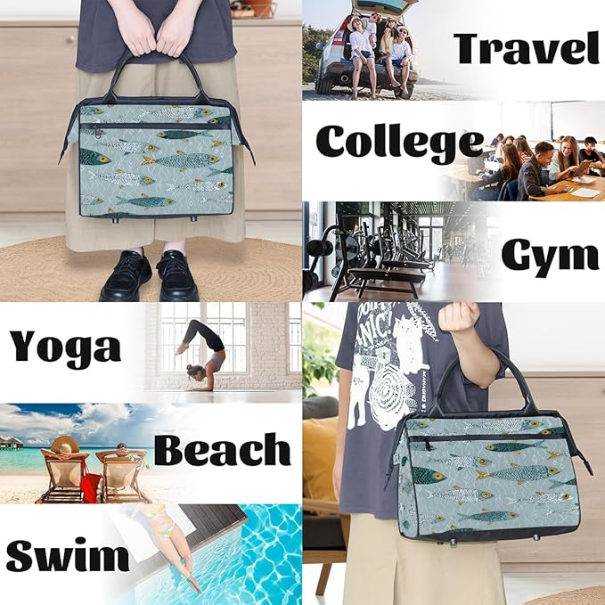 Gym Bag for Women Men, Cute Fish Pattern Sports Duffel Bags, Waterproof Travel Weekender Overnight Carry On Tote Bags for Travel Sports