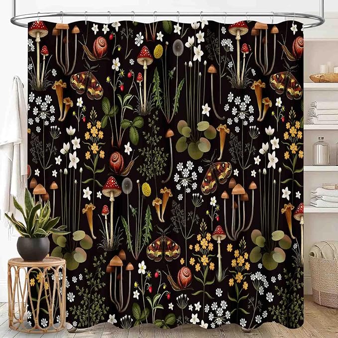 Mushroom Shower Curtain, Retro Wild Floral Botanical Mushroom Floral Moth Cottagecore Nature Plants Leave Herbs Black Farmhouse Waterproof Fabric Bathroom Shower Curtain Set with Hooks, 72"x78" Inch