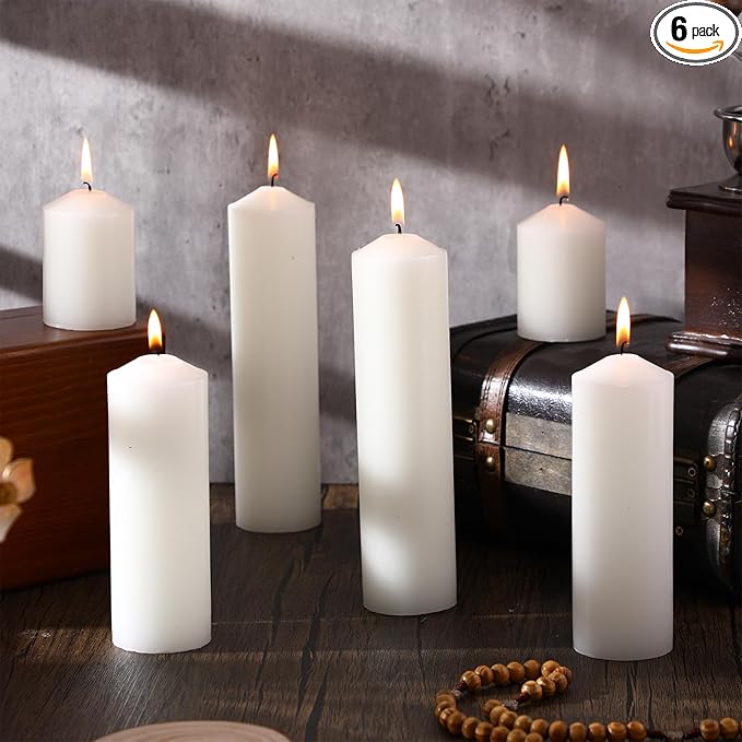 MTLEE 6 Pcs Pillar Candles 3 Set 2 in x 3, 6, 8 Inch Smokeless Dripless Unscented Pillar Candles Long Clean Burning Wax for Wedding Dinner Party Spa Emergency Ceremony Home Decor(White)