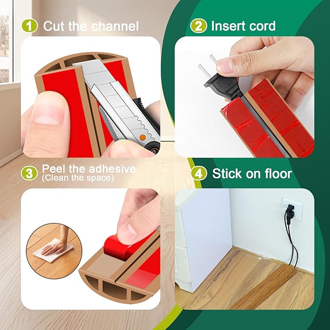 Floor Cord Cover Cable Cavity Self Adhesive Hider - Electric Cord Covers for Living Rooms, Offices - Cable Cover Protector (Wood Brown, 1.18" x 10')