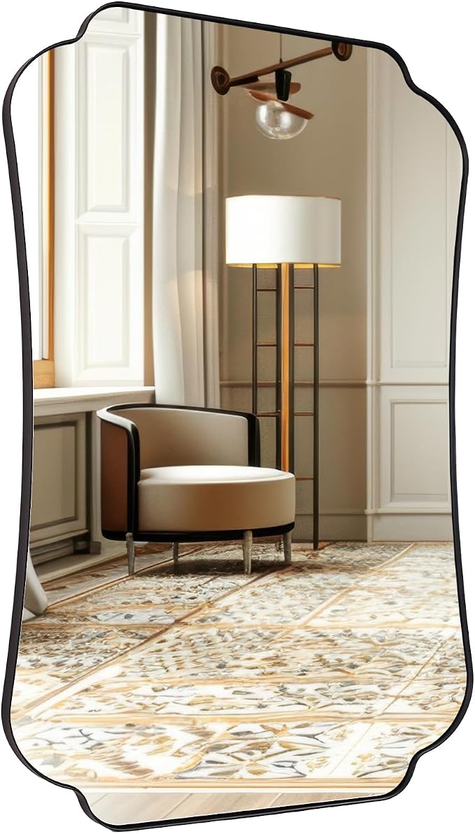 ANDY STAR 36x48 Inch Black Bathroom Mirror, Large Scalloped Wave-Edge Wall Mirror for Bathroom Vanity, Decorative Modern Vintage Metal Frame Mirror for Living Room, Entryway, Bedroom