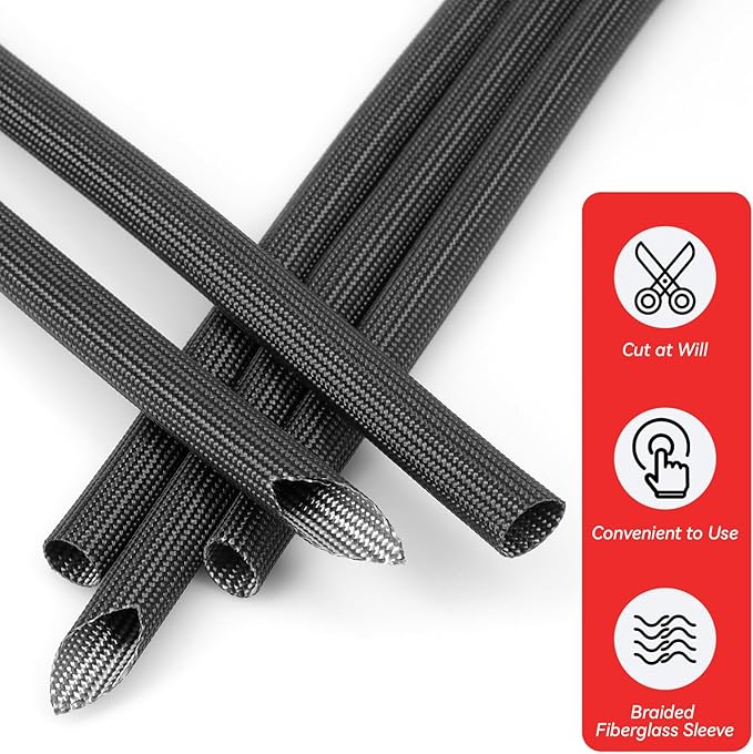 Braided Fiberglass Sleeve, 10ft High Temp Cable Sleeve, Flexible Cable Management Cable Protector for Car Wire Loom Protection (Black, 3/8")