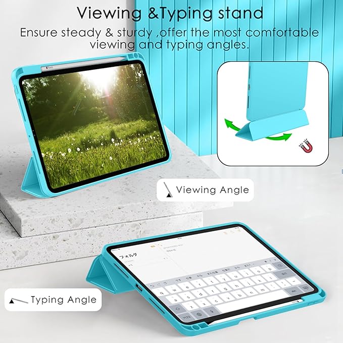 ZryXal iPad Pro 11 Inch Case (M5) 2025/ (M4) 2024 (Model: A2836/A2837/A3006), Trifold Stand Smart Cover with Pencil Holder and Soft TPU Back, Auto Wake/Sleep (Cyan)
