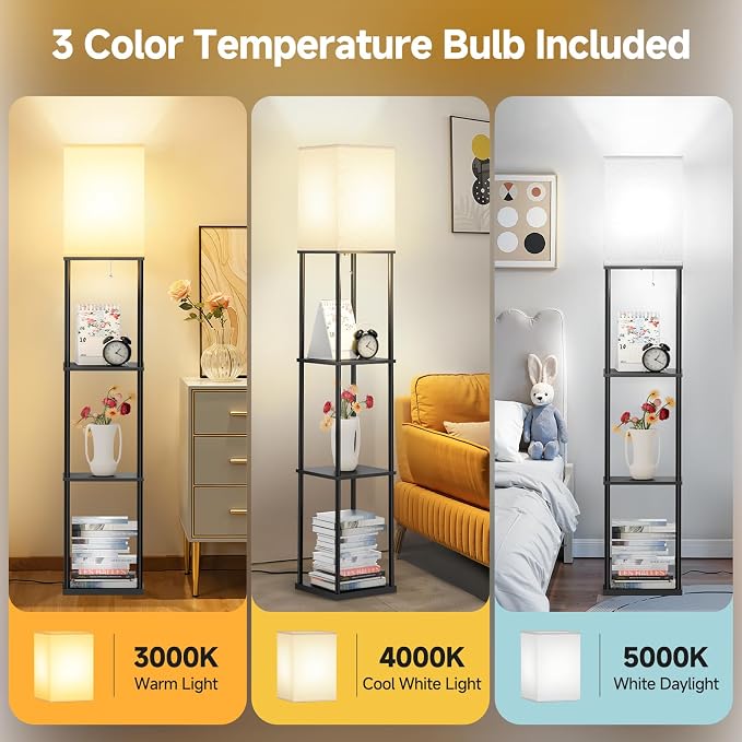 SHINE HAI Floor Lamps with Shelves for Living Room, 3-Tier Square Modern Standing Lamp with 3CCT Bulb, 11W 950LM Brightness, Tall Shelf Lamp for Bedroom, Office, Bookshelf & Display Organizer