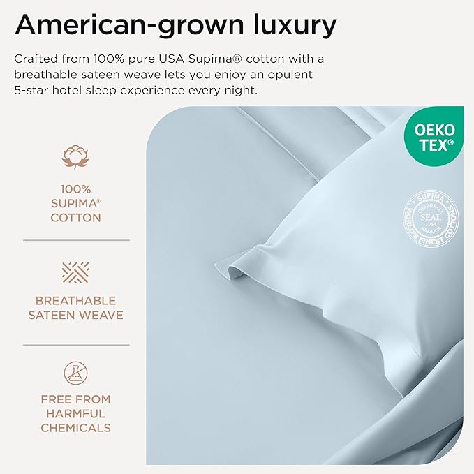 Threadmill California King Sheets, Certified American Supima Cotton Sheets, 1200 Thread Count Hotel Quality Sheet, 4 Piece Luxury Bed Sheets Set with Elasticized Extra Deep Pocket, Light Blue