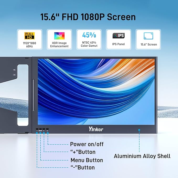 Yinker Laptop Screen Extender, 15.6" Triple Portable Monitor, Ultra-Slim 1080P FHD IPS, 360° Rotation, USB-C Plug&Play Single, Compatible with Mac/Windows/Android/PS4 for 11-17" Laptops