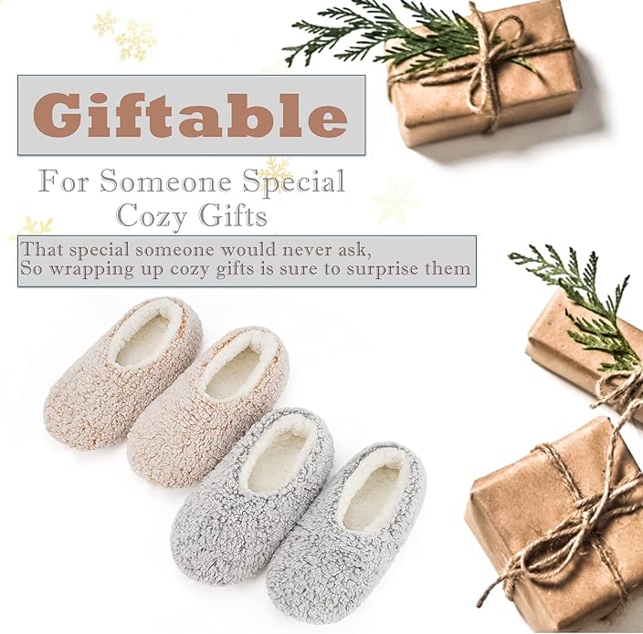 Cozylook 2-Pair Women's Soft Sole Slipper Socks with Grippers, Thick Warm Cozy Sherpa Lined Home Socks Set, Cable Knitted Non-slip Fluffy Winter House Bedroom Slippers