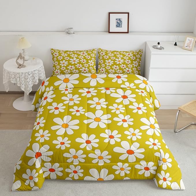 Hippie Flowers Comforter Set Full Size,70s Retro Floral Bedding Comforters Room Decor,Groovy Cartoon White Daisy Quilt Set with 2 Pillowcases,Teens Present