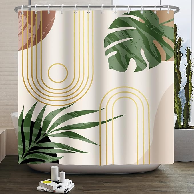 Boho Sage Green Shower Curtain Bohemian Mid Century Geometric Abstract Curve Bathroom Curtain Palm Leaf Polyester Shower Curtain Sets for Bathroom Extra Long 72x84 in with 12 Hooks