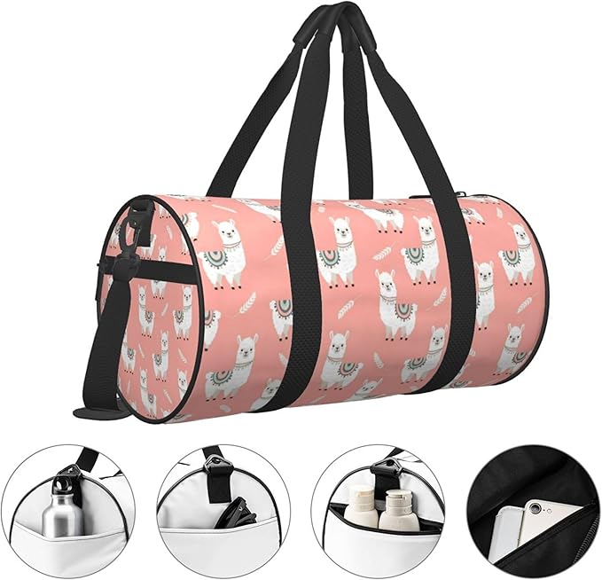 Gym Bag for Women Men, Small Fitness Sports Bag Waterproof Overnight Weekender Duffel Workout Bag Alpaca Llama Pink