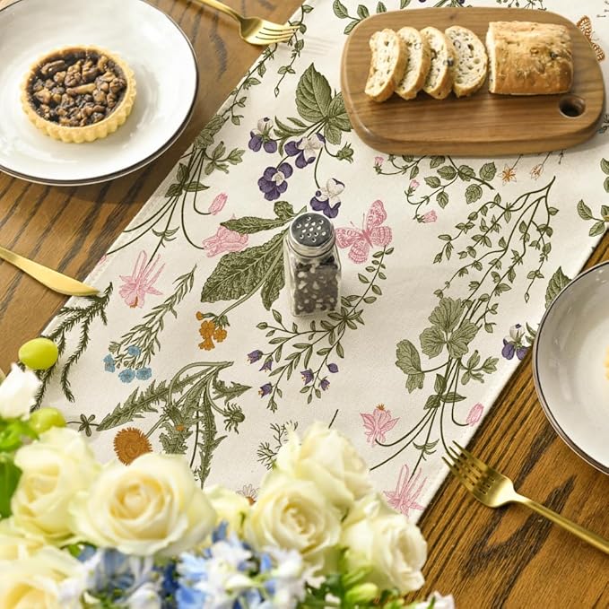 Artoid Mode Wildflowers Floral Spring Table Runner, Butterfly Seasonal Summer Kitchen Dining Table Decoration for Home Party Decor 13x108 Inch